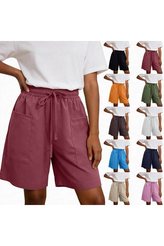 Women's Bermuda Long Shorts Summer 8'' High Waisted Casual Short Elastic Drawstring Pull On Short with Pocket (Pink, M)