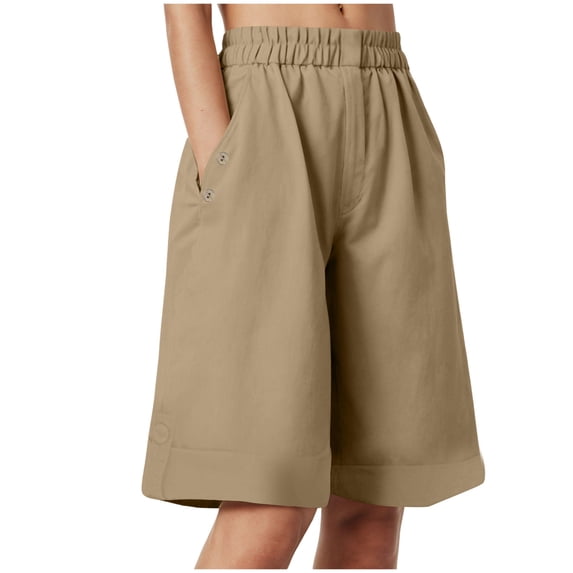 vigerkar Women's Bermuda Shorts Knee Length Elastic Waist Drawstring Workout Athletic Long Shorts with Pockets (Khaki, L)