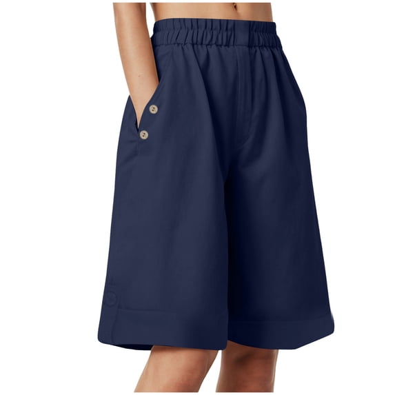 vigerkar Women's Bermuda Shorts Knee Length Elastic Waist Drawstring Workout Athletic Long Shorts with Pockets (Navy, L)