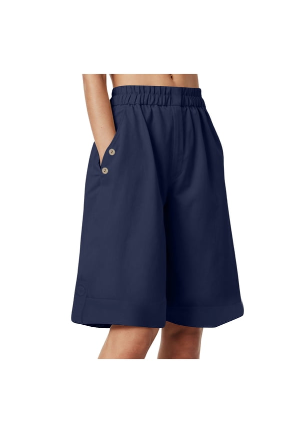 Women's Bermuda Shorts Knee Length Elastic Waist Drawstring Workout Athletic Long Shorts with Pockets (Navy, XXL)