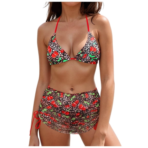 vigerkar Women's Bikini Set Sexy Print Bikini Halter String Two Piece Swimsuit Y2K Bathing Suit (Red, S)