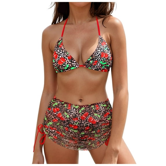vigerkar Women's Bikini Set Sexy Print Bikini Halter String Two Piece Swimsuit Y2K Bathing Suit (Red, XL)