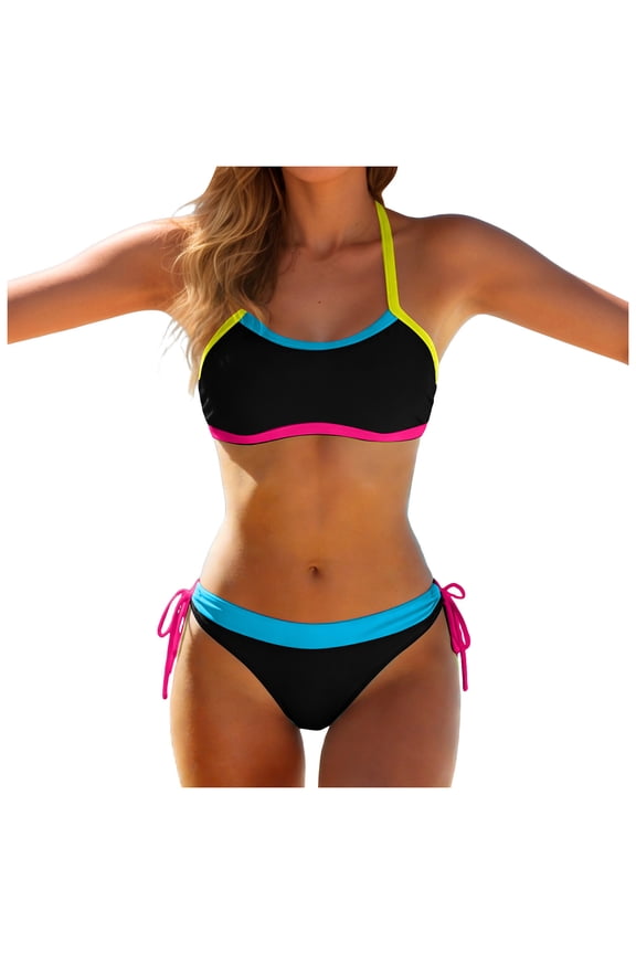 Women's Bikini Set Two Piece Swimsuit Triangle Top String Mid Rise Bottom Cheeky Bathing Suit (Black, M)