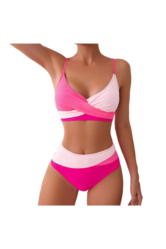 Women's Bikini Sets Two Piece Swimsuit High Waisted V Neck Twist Front Adjustable Spaghetti Straps Bathing Suit (Hot Pink, M)
