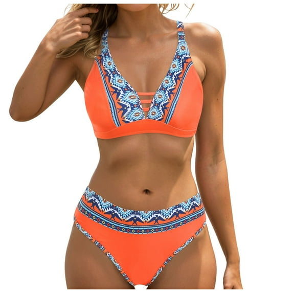 vigerkar Women's Bikini Swimsuits V Neck High Waisted 2 Piece Bathing Suits Orange, S