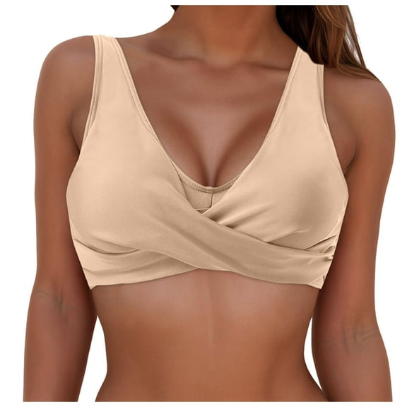vigerkar Women's Bikini Tops Push Up Swim Top Swimsuit Sexy V Neck Bathing Suit Top with Wide Straps Beige, XXL