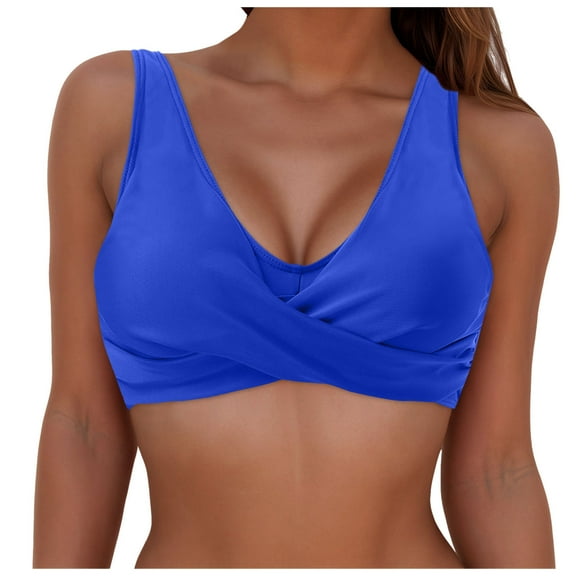 vigerkar Women's Bikini Tops Push Up Swim Top Swimsuit Sexy V Neck Bathing Suit Top with Wide Straps Blue, L