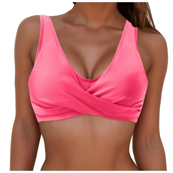 vigerkar Women's Bikini Tops Push Up Swim Top Swimsuit Sexy V Neck Bathing Suit Top with Wide Straps Pink, S