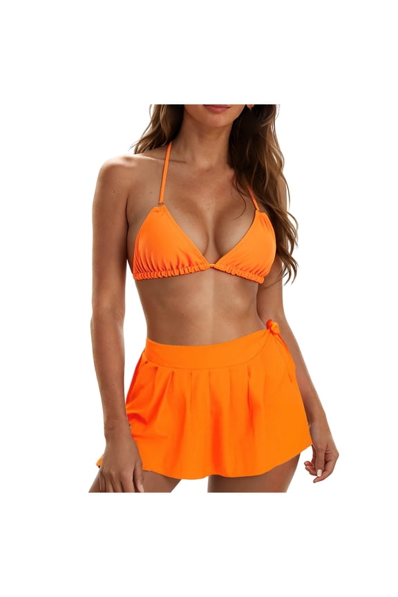 Women's Bikini with Skirt Three Piece High Waisted Bikini Skirt Set Scoop Neck Tummy Control Bathing Suit Skirt Bottom (Orange, S)