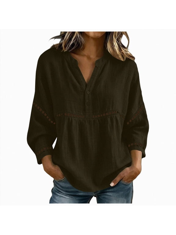 Women's Blouse V Neck Button Down 3/4 Sleeves Henley Shirts Out Lace Eyelet Casual Boho Top (Brown, XL)