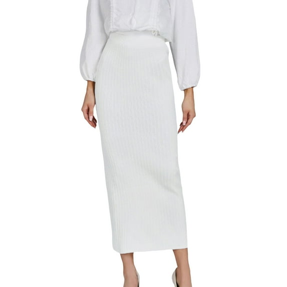 vigerkar Women's Bodycon Knitted Pencil Skirts Elastic High Waisted Midi Skirt White, One Size