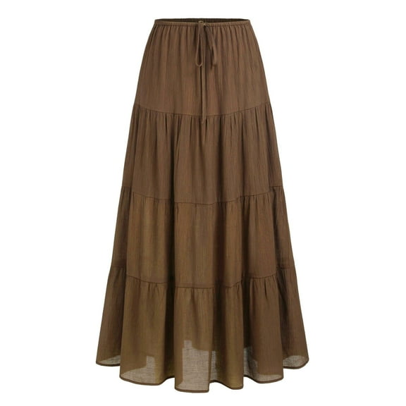 vigerkar Women’s Boho Elastic High Waist Pleated A-Line Flowy Swing Asymmetric Tiered Maxi Long Skirt Dresses Brown, S
