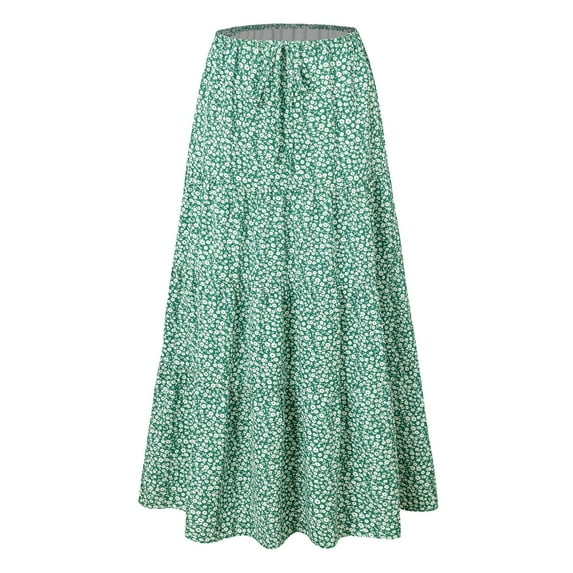 vigerkar Women’s Boho Elastic High Waist Pleated A-Line Flowy Swing Asymmetric Tiered Maxi Long Skirt Dresses Light Green, S