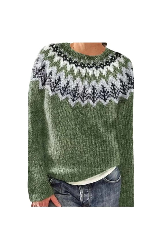 Women's Boho Fair Isle Pattern Long Sleeve Crewneck Sweater Lightweight Cozy Fall Winter Knitwear Pullover Tops (AG, 5XL)