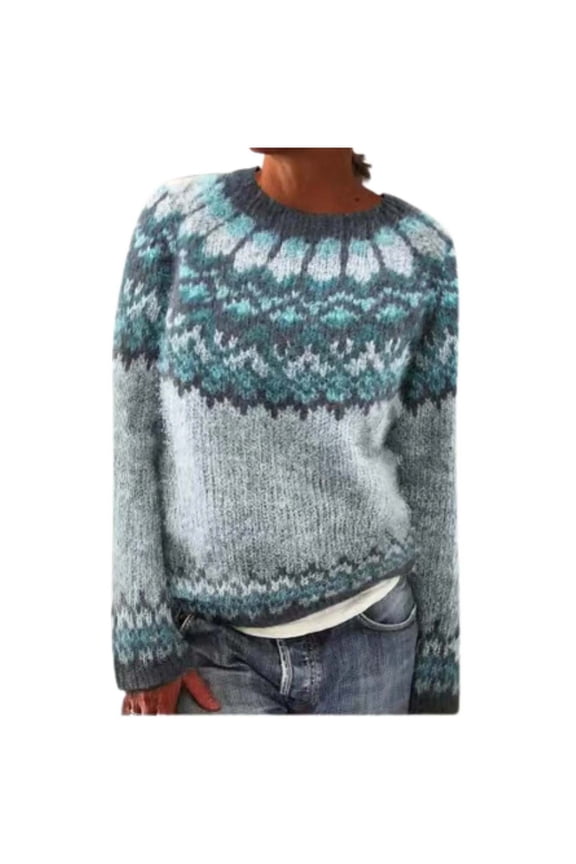 Women's Boho Fair Isle Pattern Long Sleeve Crewneck Sweater Lightweight Cozy Fall Winter Knitwear Pullover Tops (Blue, 3XL)