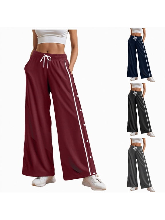 Women's Breakaway Snap Tear Pants Full Side Snap Button Easy Off Sweatpants with Pockets Athletic Track Joggers (Wine, L)