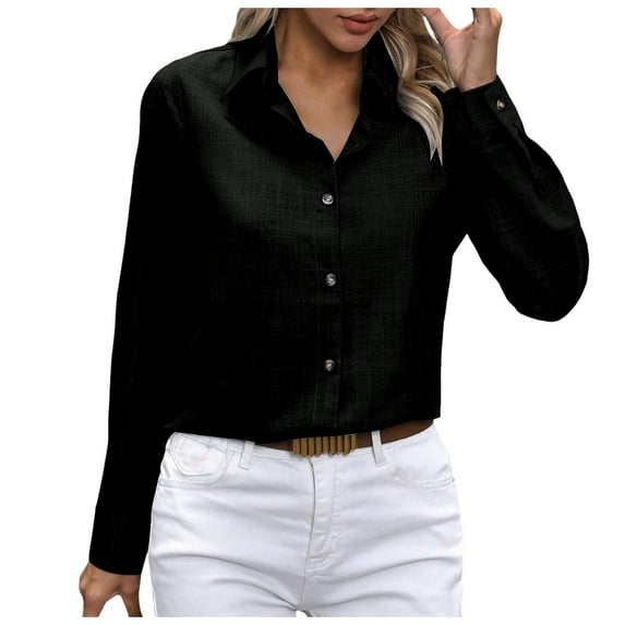 vigerkar Women's Button Down Regular Lapel Shirt Long-Sleeved Lapel Business Casual Blouse Top Black, S