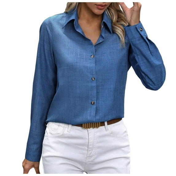 vigerkar Women's Button Down Regular Lapel Shirt Long-Sleeved Lapel Business Casual Blouse Top Blue, L