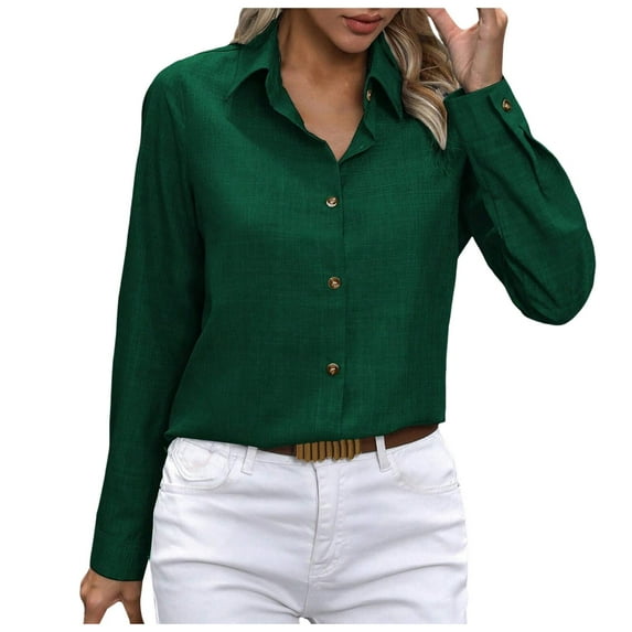 vigerkar Women's Button Down Regular Lapel Shirt Long-Sleeved Lapel Business Casual Blouse Top Dark Green, XL