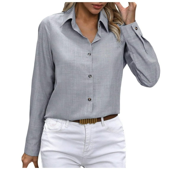 vigerkar Women's Button Down Regular Lapel Shirt Long-Sleeved Lapel Business Casual Blouse Top Grey, XXL