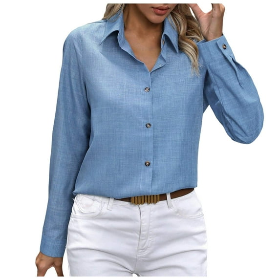 vigerkar Women's Button Down Regular Lapel Shirt Long-Sleeved Lapel Business Casual Blouse Top Light Blue, XL