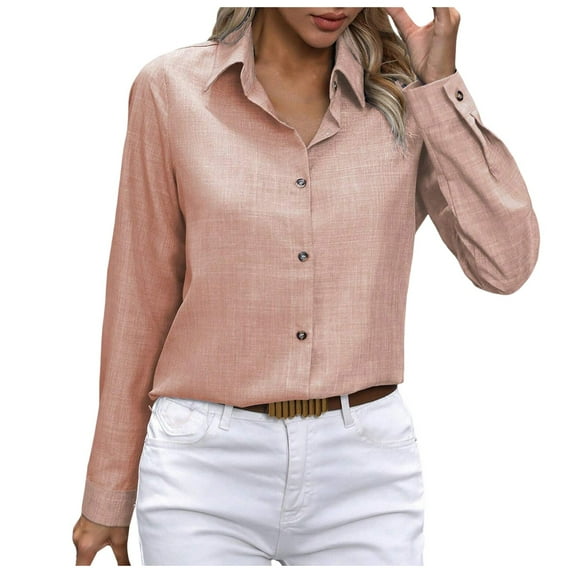 vigerkar Women's Button Down Regular Lapel Shirt Long-Sleeved Lapel Business Casual Blouse Top Light Pink, M