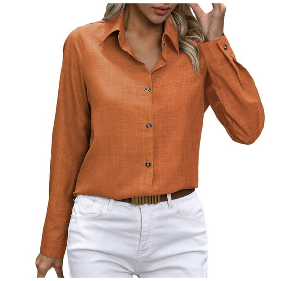 vigerkar Women's Button Down Regular Lapel Shirt Long-Sleeved Lapel Business Casual Blouse Top Orange, S