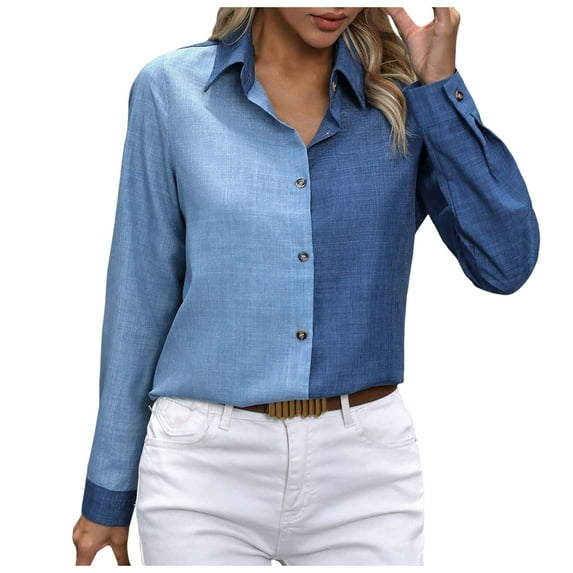 vigerkar Women's Button Down Regular Lapel Shirt Long-Sleeved Lapel Business Casual Blouse Top Sky Blue, XL