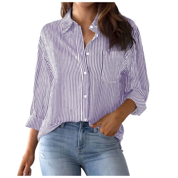 vigerkar Women's Button Down Shirts Striped Long Sleeve Collared Work Blouses Tops with Pocket Purple, L