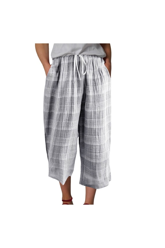 Women's Capri Pants Thin Cotton Pj Bottoms Plaid Printed Cool Cozy Lounge Pants with Pocket (Grey, XXL)