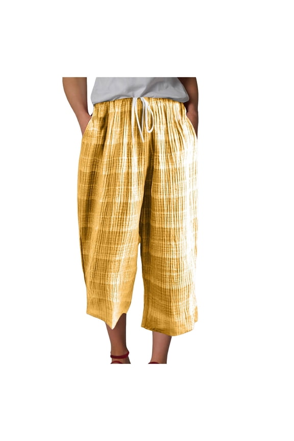 Women's Capri Pants Thin Cotton Pj Bottoms Plaid Printed Cool Cozy Lounge Pants with Pocket (Yellow, XL)