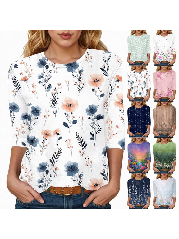 Women's Casual 3/4 Sleeve T-Shirts Round Neck Cute Tunic Tops Basic Tees Blouses Business Work Tee Top (Blue, 3XL)