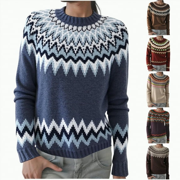 vigerkar Women's Casual Fair Isle Color Block Rib Knit Sweater Fall Winter Crewneck Long Sleeve Loose Pullover Jumper Tops (Blue, L)