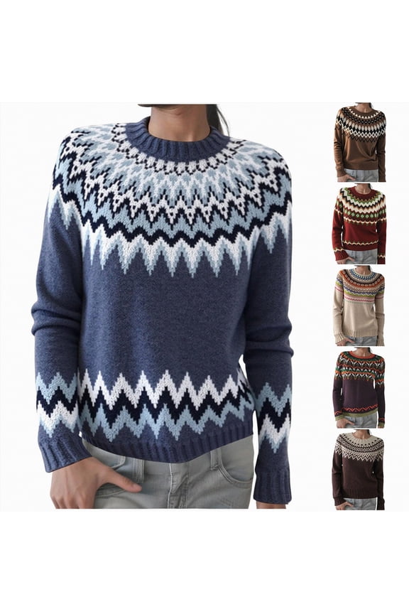 Women's Casual Fair Isle Color Block Rib Knit Sweater Fall Winter Crewneck Long Sleeve Loose Pullover Jumper Tops (Khaki, XXL)