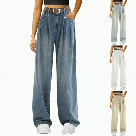 vigerkar Women's Casual High Waisted Loose Denim Wide Leg Retro Trousers (Light Blue, XS)