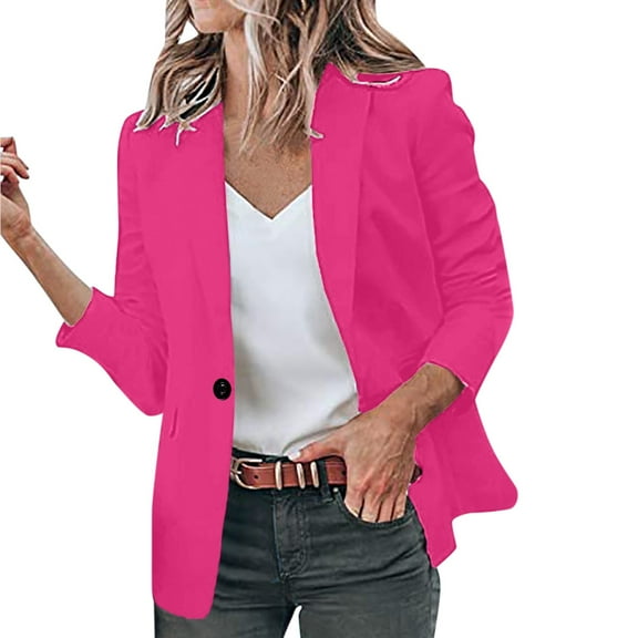 vigerkar Women's Casual Long Sleeve Button Lapel Blazer Jacket Loose Solid Color Work Office Blazer Hot Pink, XXL