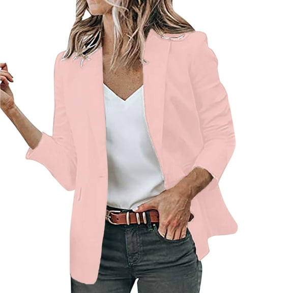 vigerkar Women's Casual Long Sleeve Button Lapel Blazer Jacket Loose Solid Color Work Office Blazer Pink, S