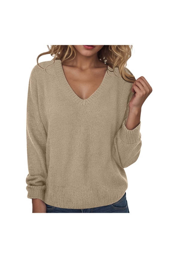 Women's Casual Long Sleeve V Neck Pullover Tops Oversized Chunky Knitted Loose Jumper Sweaters (Gold, M)