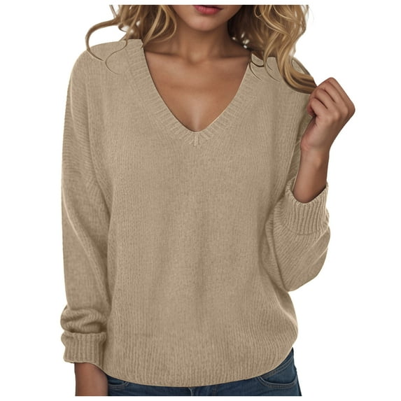 vigerkar Women's Casual Long Sleeve V Neck Pullover Tops Oversized Chunky Knitted Loose Jumper Sweaters (Gold, XL)