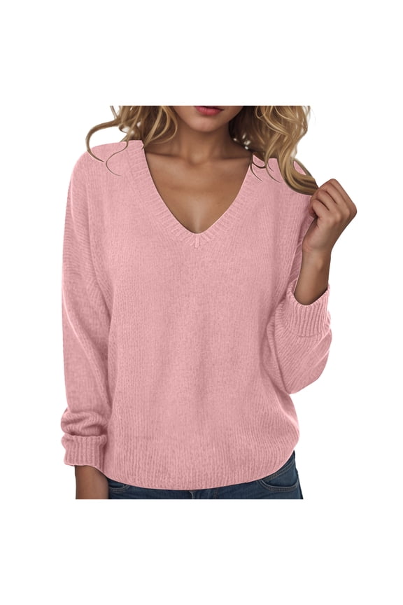 Women's Casual Long Sleeve V Neck Pullover Tops Oversized Chunky Knitted Loose Jumper Sweaters (Pink, S)