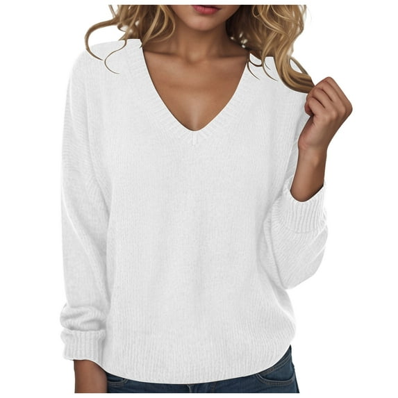 vigerkar Women's Casual Long Sleeve V Neck Pullover Tops Oversized Chunky Knitted Loose Jumper Sweaters (White, XL)