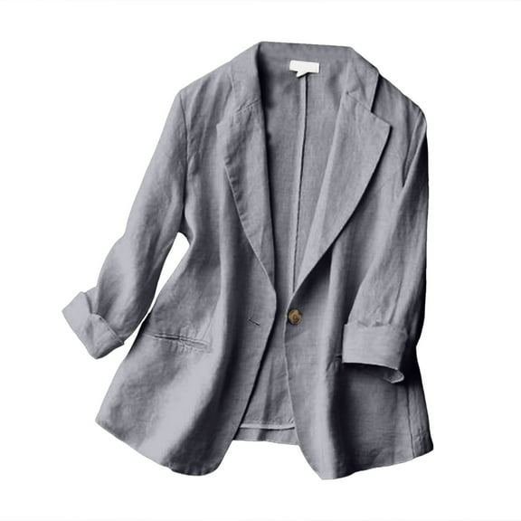 vigerkar Women's Casual One Button Linen Blazer Jackets Lapel 3/4 Sleeve Suit Blazer Grey, L