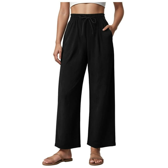 vigerkar Women's Casual Pants Drawstring Elastic Waist Pants Flowy Wide Leg Beach Trousers with Pockets Black, S
