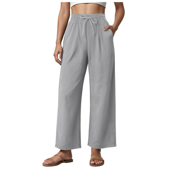 vigerkar Women's Casual Pants Drawstring Elastic Waist Pants Flowy Wide Leg Beach Trousers with Pockets Light Gray, 3XL