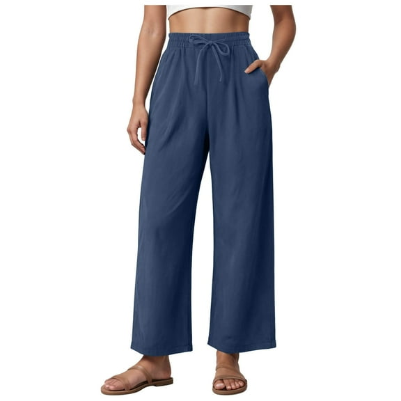 vigerkar Women's Casual Pants Drawstring Elastic Waist Pants Flowy Wide Leg Beach Trousers with Pockets Navy, XXL
