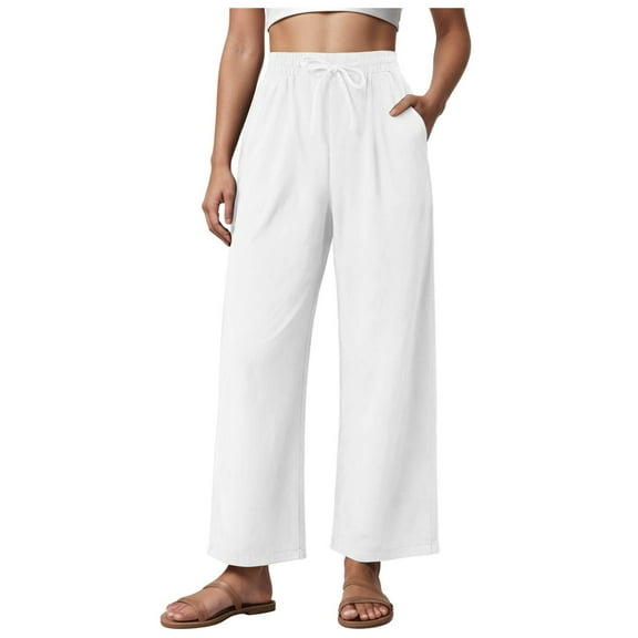 vigerkar Women's Casual Pants Drawstring Elastic Waist Pants Flowy Wide Leg Beach Trousers with Pockets White, 3XL
