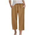 thumbnail image 1 of vigerkar Women's Casual Pants Summer Wide Leg Capris Drawstring Elastic High Waist Cotton Cropped Trousers with Pockets Yellow, XL, 1 of 7