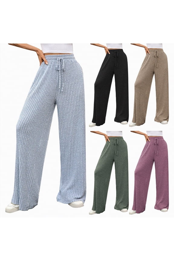 Women's Casual Relaxed Wide Leg Ribbed Knit Pants Comfy Loose Soft Knit Pants with Drawstring Waist Long Trousers (AG, L)