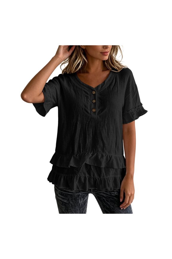 Women's Casual Ruffle Short Sleeve Blouses Oversized Cotton Linen Tunic Tops Summer Loose Fit Ruffled Hem Flowy Shirts (Black, M)