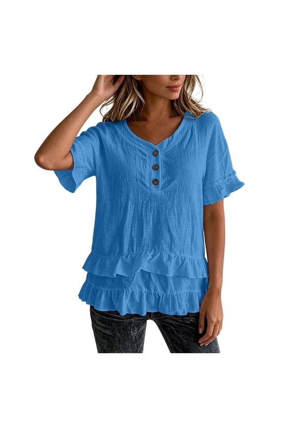 Women's Casual Ruffle Short Sleeve Blouses Oversized Cotton Linen Tunic Tops Summer Loose Fit Ruffled Hem Flowy Shirts (Light Blue, XL)